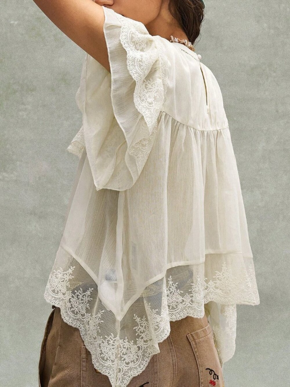 Apricot Boho Women's Embroidered Ruffled Lace Patchwork Blouse - Picture 4 of 9